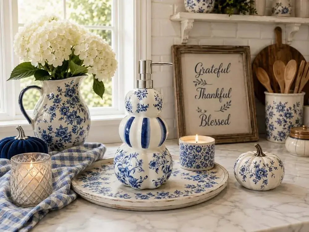 New White / Blue Floral Stacked Pumpkins Soap Dispenser Decor Bathroom Kitchen